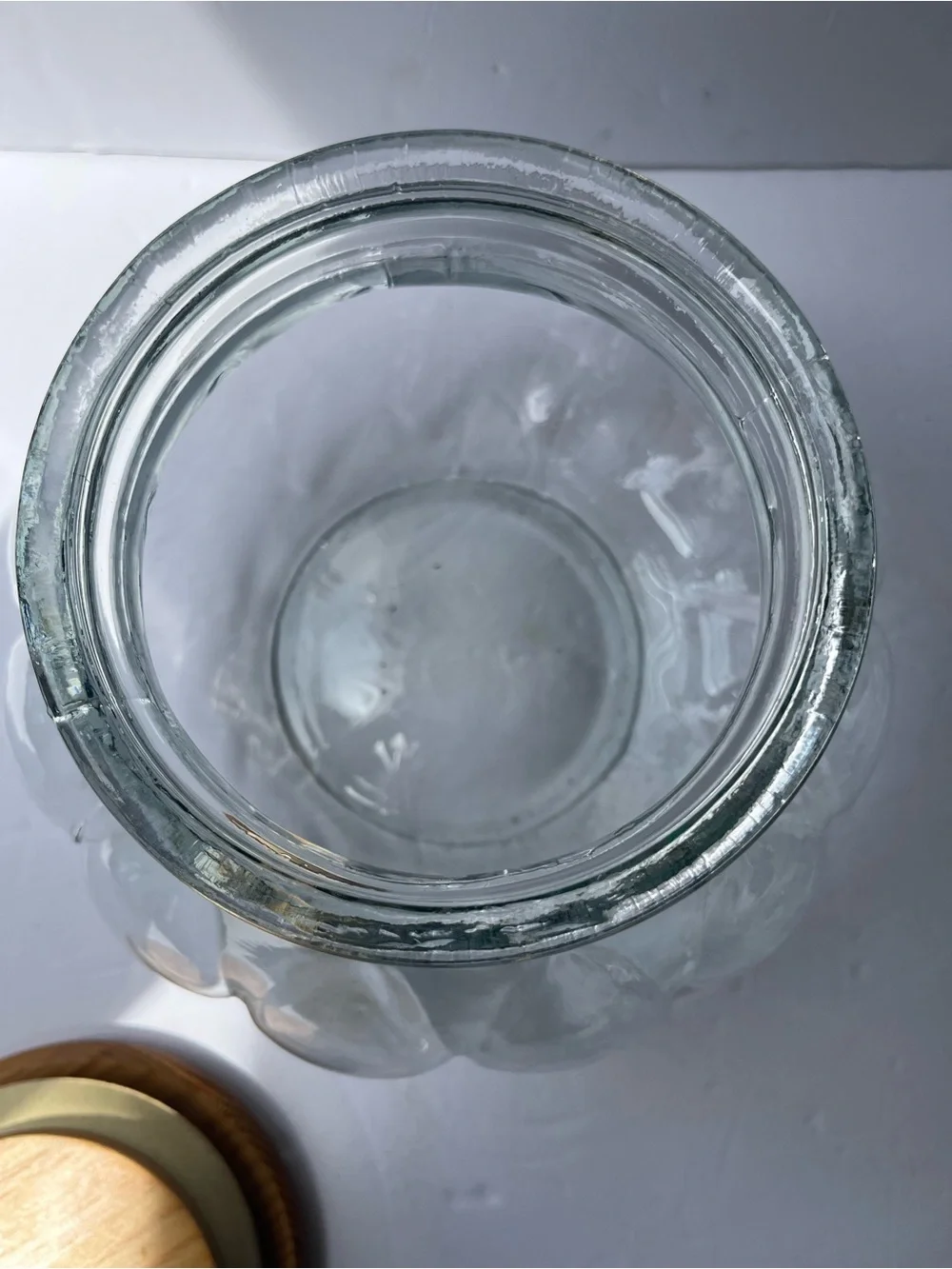 Vintage Pumpkin Potbelly Glass Apothecary Jar. Wood Lid. Canister 7.75